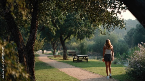 Pathway to Serenity: A lone individual strolls along a winding path through a tranquil park, bathed in the soft glow of golden hour. The scene evokes a sense of calm and contemplation.