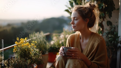 Serene Balcony Moment: A woman enjoys a peaceful moment on her balcony, cradling a warm beverage as she takes in the breathtaking vista of rolling hills in the soft morning light.