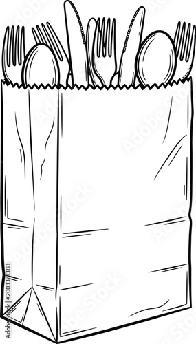 Paper bag filled with utensils and round objects