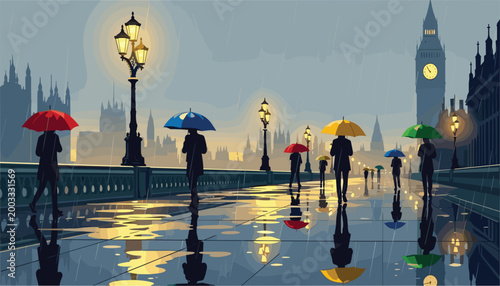 
Rainy London Street Scene with People Holding Colorful Umbrellas Near Big Ben and Thames Bridge for Travel and City Art Design
Rainy London Street Scene with People Holding Colorful Umbrellas 