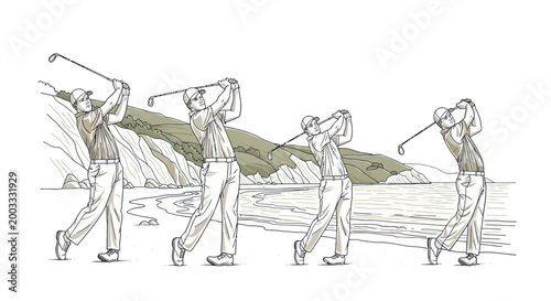 Foto Golf Swing Sequence Illustration on a Coastal Landscape