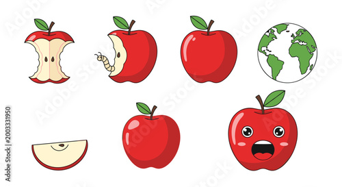 Collection of red apples showing different states including bitten sliced and whole alongside a small globe of the earth on white.