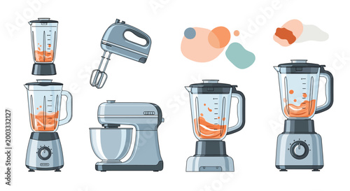 Collection of kitchen appliances including stand mixers hand mixers and various countertop blenders in silver and blue tones for cooking.