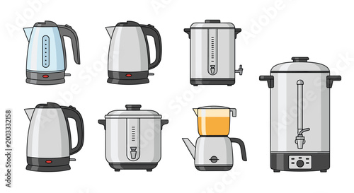 Assortment of electric kettles and large water boilers in different shapes and stainless steel finishes for home and office kitchen use.