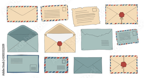 Assortment of vintage style envelopes and letters featuring wax seals and airmail borders in various states of opening on white.