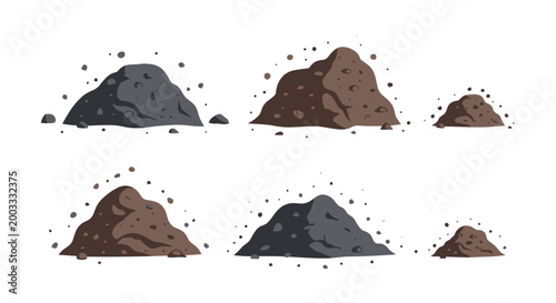 Six different piles of soil and dirt shown in various shades of brown and gray against a solid white background for gardening.