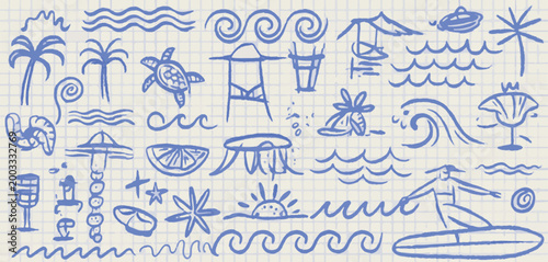 Tropical beach doodles on grid paper Keywords: beach, tropical, doodles, drawing, illustration