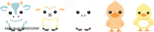 
Cute Kawaii Baby Farm Animals Set with Cow, Sheep, Lamb, Duck, and Chick Characters for Kids, Nursery, and Cartoon Design

Cute Kawaii Baby Farm Animals Set with Cow, Sheep, 