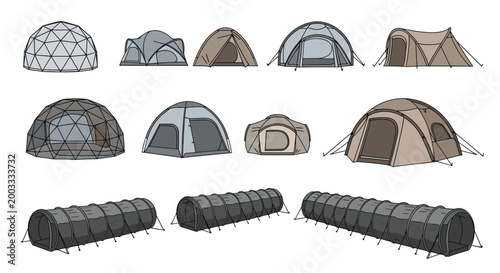 Diverse collection of camping tent designs featuring dome, tunnel, and geodesic styles in neutral earth tones for outdoor enthusiasts.