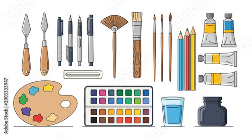 Extensive set of art tools featuring paint tubes, watercolor palettes, various brushes, pencils, and professional palette knives.