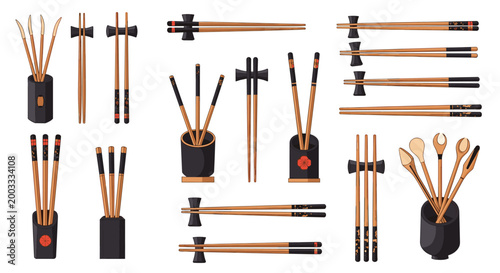 Collection of wooden chopsticks and ceramic holders featuring different patterns and storage containers for Asian dining.