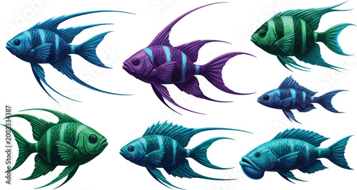 Colorful Tropical Fish Set with Blue, Green, and Purple Exotic Ocean Fish for Aquatic, Marine, and Underwater Art DesignColorful Tropical Fish Set with 