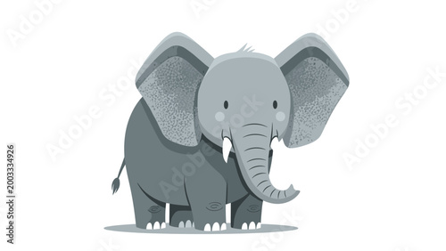 Friendly grey elephant character standing with large ears and trunk isolated on white background for children book or nursery room poster art design.