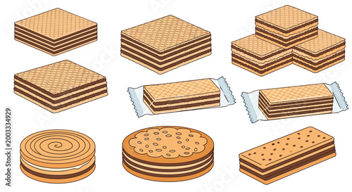 Selection of chocolate-filled wafer cookies and round biscuits in various shapes and packaging.
