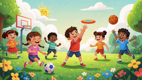 Group of happy multiracial kids playing outdoor sport games in a sunny park with flowers. Children having fun activity in nature. Summer camp and childhood concept.