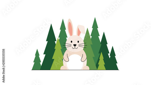 Cute white rabbit sitting in front of a group of green pine trees isolated on a white background for children book and nursery room wall art.