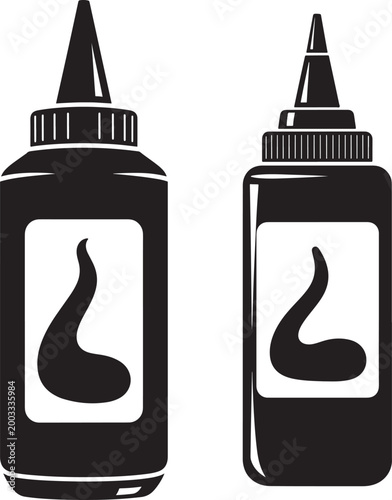 Two black sauce squeeze bottles with white label icon