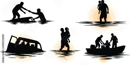 Flood Rescue Silhouette Set with People Helping, Carrying Children, Sinking Vehicle, and Boat Evacuation for Disaster and Emergency Relief Designs
Flood Rescue Silhouette Set with People Helping, 