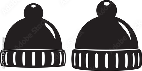 Two black silhouette beanie hats with pom pom icon