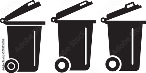 Three black silhouette wheelie bin icons vector
