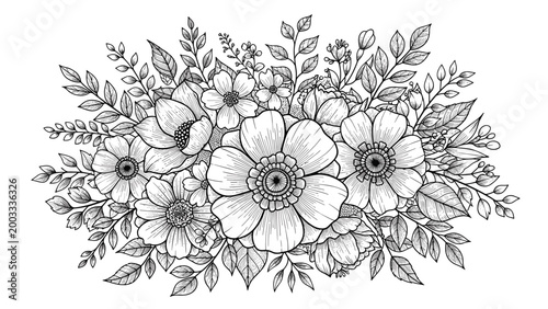 Detailed black and white floral arrangement illustration with various flowers and leaves, creating a classic and elegant botanical design.