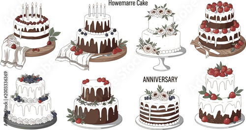 Handsome Anniversary and Birthday Cake Icon Set with Layered Cream, Candles, Berries, Strawberries, and Chocolate Frosting for Celebration and Bakery Concept DesignsHandsome Anniversary and Birthday 