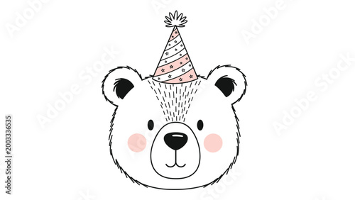 Cute hand-drawn illustration of a polar bear head wearing a striped party hat with stars, perfect for birthday celebrations.