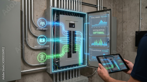 Professional electrician monitoring smart electrical panel with digital wiring overlay for solar energy battery storage and grid management using tablet for maintenance and repair service.
