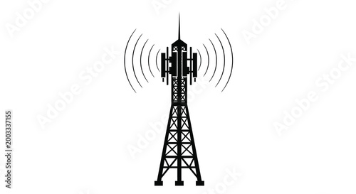 Cell tower silhouette with radio waves on white background