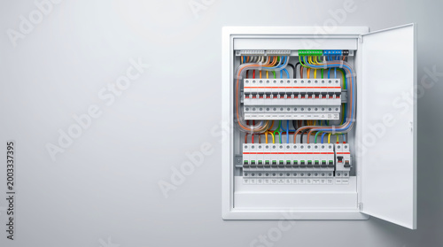 Professional electrical panel installation with circuit breakers and colorful wiring for residential maintenance and repair services showing power distribution system in a modern building.