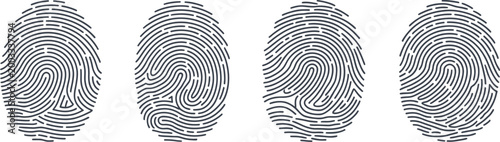 Fingerprint icon set, minimalist vector fingerprint scanning icons representing identity verification security access and biometric technology on clean white background.
