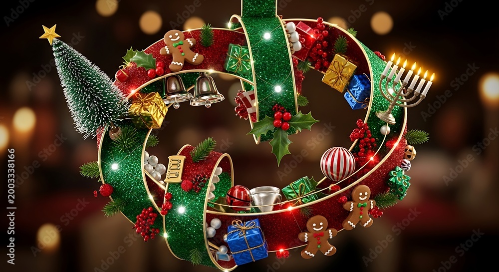 Naklejka premium Christmas Wreath with Ribbons and Ornaments.