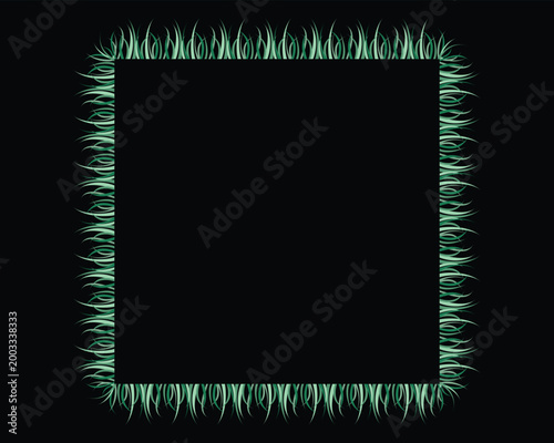 Elegant green abstract grass border frame on black background, decorative organic foliage pattern forming square copy space for modern nature themed design