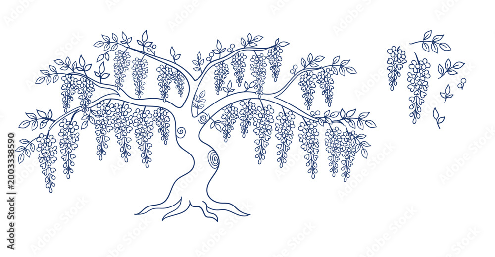 Fototapeta premium cassia blooming tree hand drawn vector ink traditional oriental asian Indian design isolated