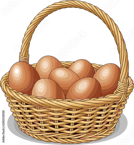 Realistic Wicker Basket Full of Fresh Brown Farm Eggs Vector Illustration on White Background Isolated