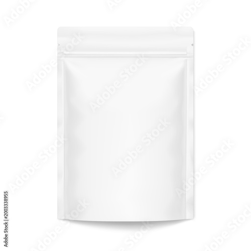 Realistic stand up pouch bag mockup with transparent shadow. Vector illustration isolated on white background. Ready for your design. EPS10.
