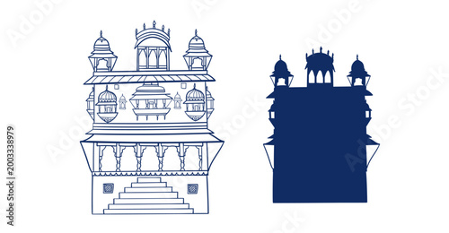 palace India building hand drawn vector ink traditional oriental asian Indian design isolated