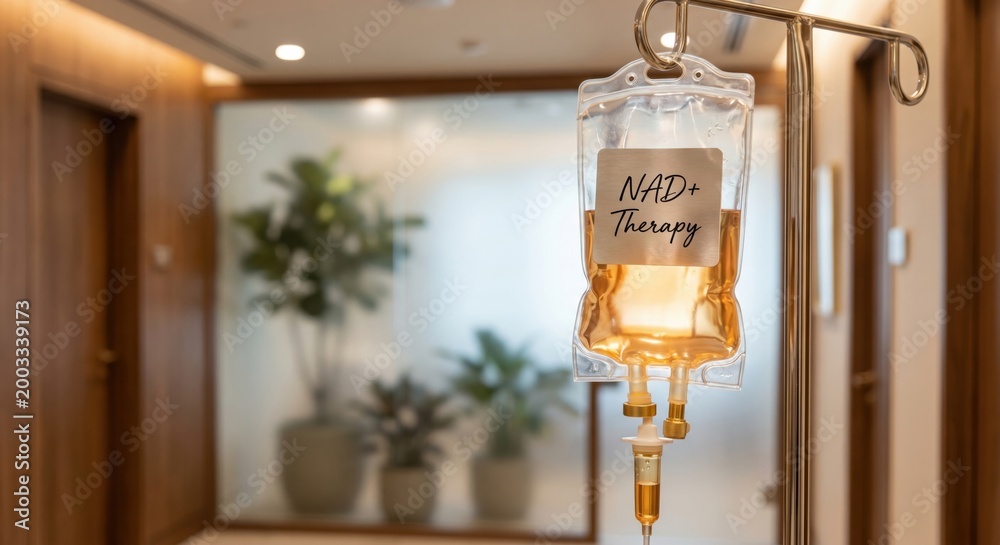 Fototapeta premium NAD+ Therapy IV drip bag in luxury wellness clinic