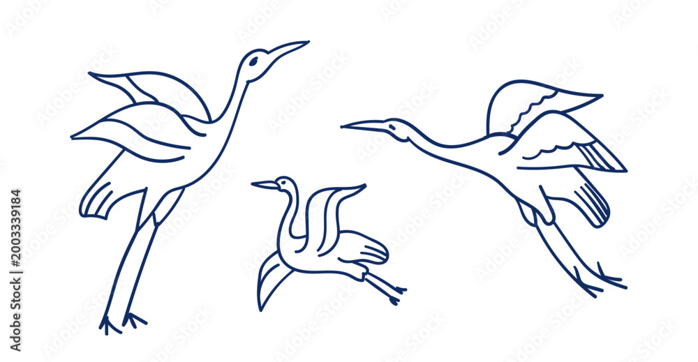 Fototapeta premium cranes hand drawn vector ink traditional oriental asian Indian design isolated