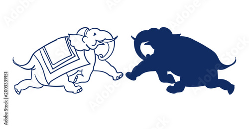 Indian elephant run hand drawn vector ink traditional oriental asian Indian design isolated