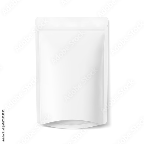 Realistic stand up pouch bag mockup with transparent shadow. Vector illustration isolated on white background. Ready for your design. EPS10.