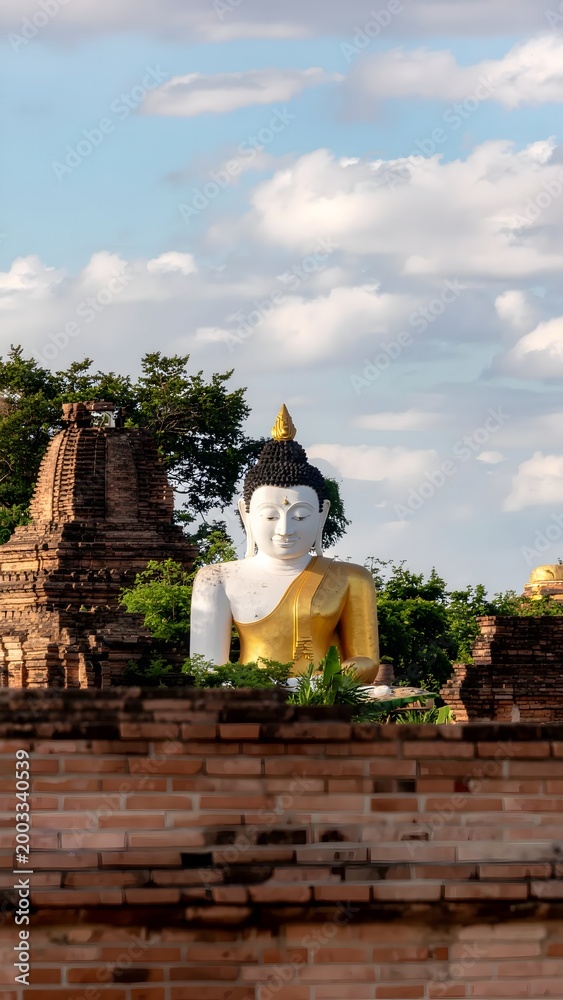 Obraz premium Ancient Buddha Statue Amidst Historic Brick Ruins in Ayutthaya Thailand.