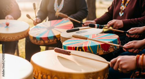 Traditional indigenous hand drum circle with people playing painted hide drums. This image captures the essence of community music and ceremonial rhythms during cultural celebrations.