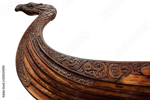 A captivating close-up of an ancient Viking ship with intricate carvings, showcasing the craftsmanship of a bygone era, with its detailed ornamentation, and evoking a sense of historical grandeur.