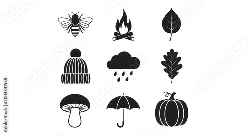 Black autumn icons set with bee, fire, leaves, hat, rain, umbrella, mushroom, pumpkin