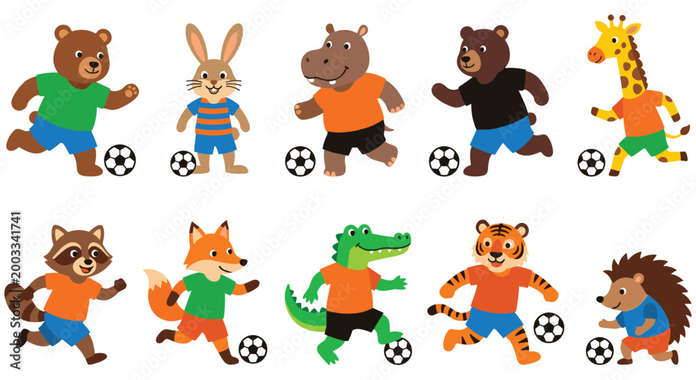Obraz premium Set of cute animal football players in cartoon style. Funny characters like bear, rabbit, hippopotamus, giraffe, raccoon, fox, alligator, tiger, and hedgehog playing soccer in colorful uniforms.