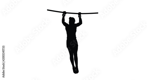 Silhouette of woman doing a pull up on a bar isolated on white