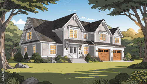 Spacious modern farmhouse vector with grey white design, wooden garage doors, and landscaped garden exterior.
