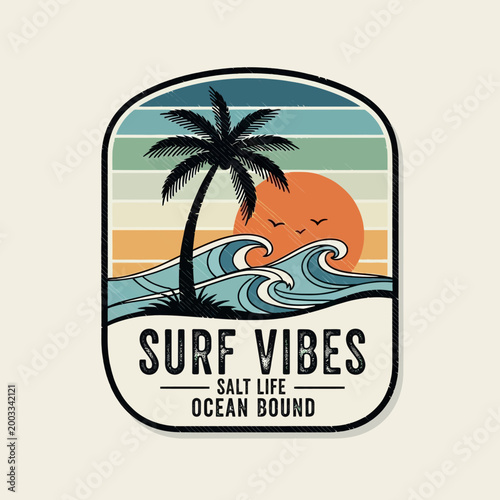 Vibrant surf sticker with palm tree.