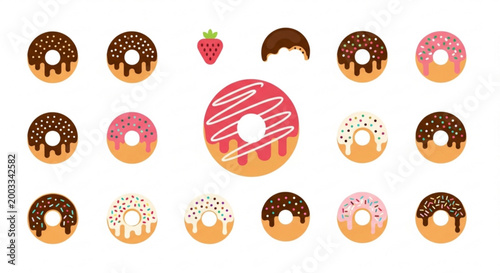 Foto Assorted donuts with colorful glazes and toppings on white background sweet trea